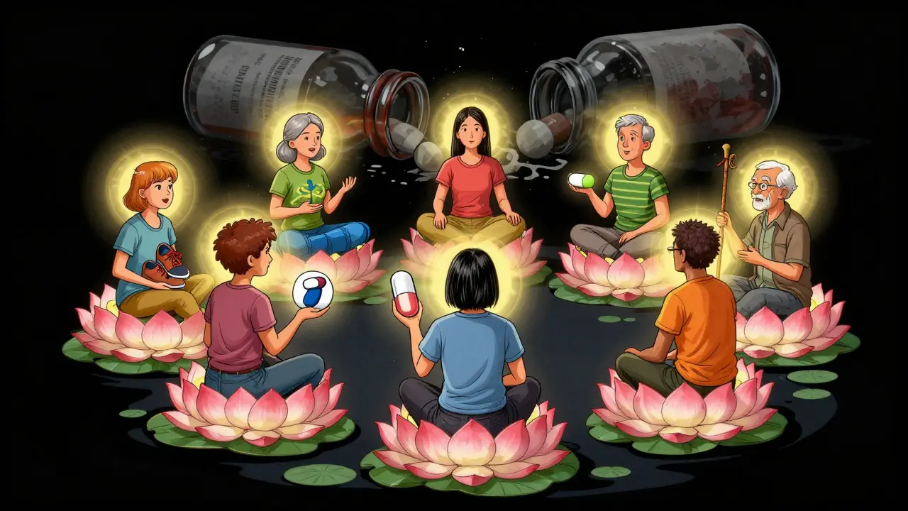 A diverse group of people in a circle holding symbols of non-opioid pain solutions, with a fading opioid bottle behind them.