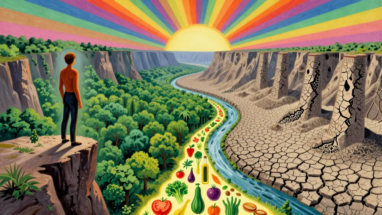 A figure at a cliff overlooking a liver-shaped valley, with a healthy green side and a barren fibrotic wasteland, connected by a path of healthy foods.