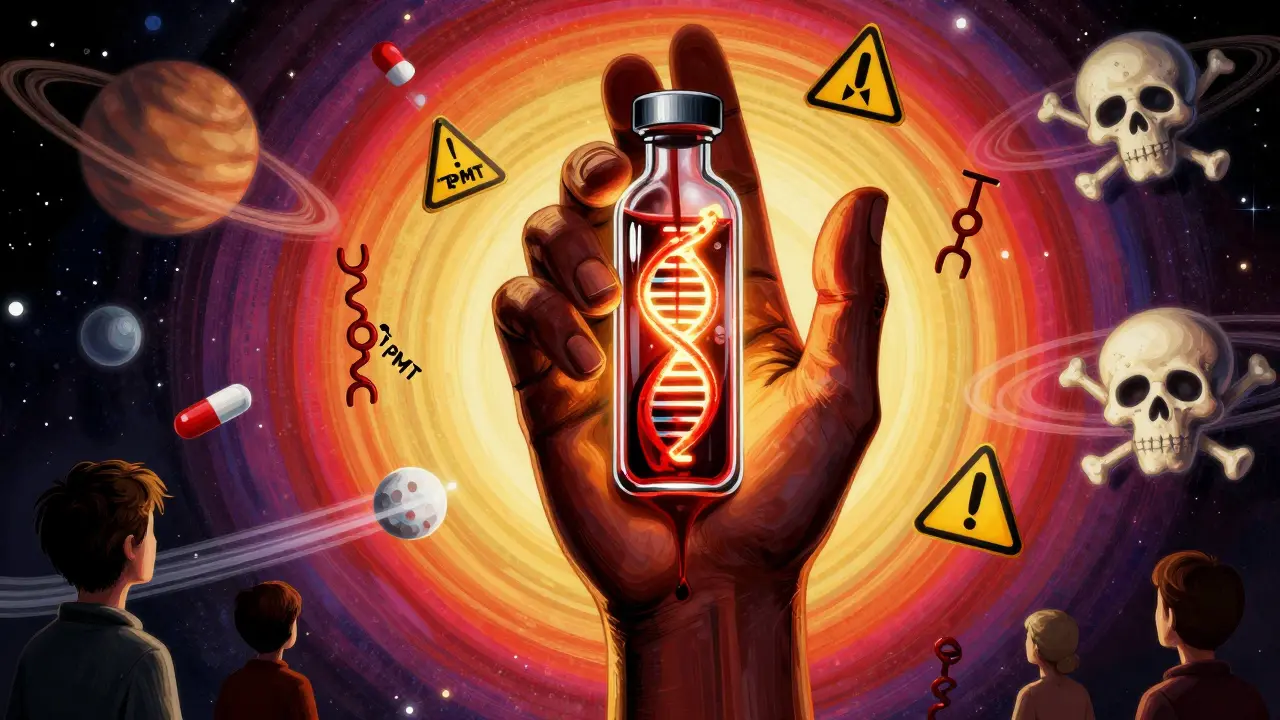 A hand holding a blood vial with glowing DNA strands, surrounded by warning signs and floating pills in vibrant cosmic colors.