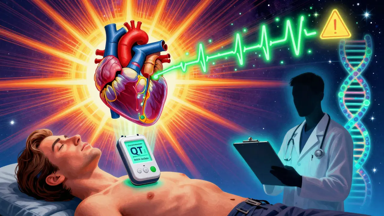 A handheld ECG device projects a healing heart as a green potassium agent counters QT prolongation.