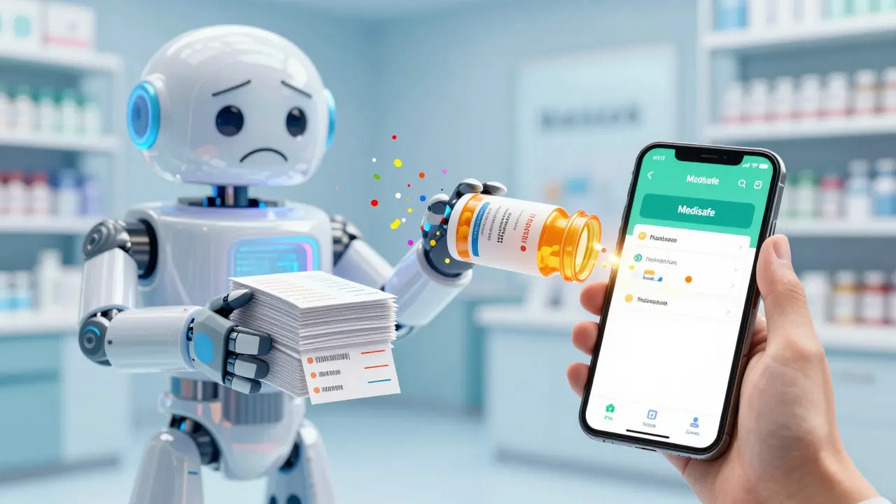 A patient's hand holding a bottle that turns into a smartphone showing a clean digital label, while paper labels dissolve into rainbow confetti.