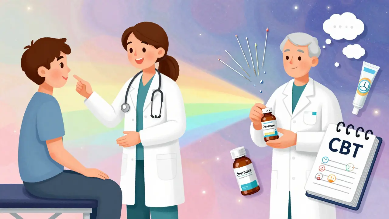 A patient receiving physical therapy while being given Journavx and other non-opioid treatments under a cosmic sky.