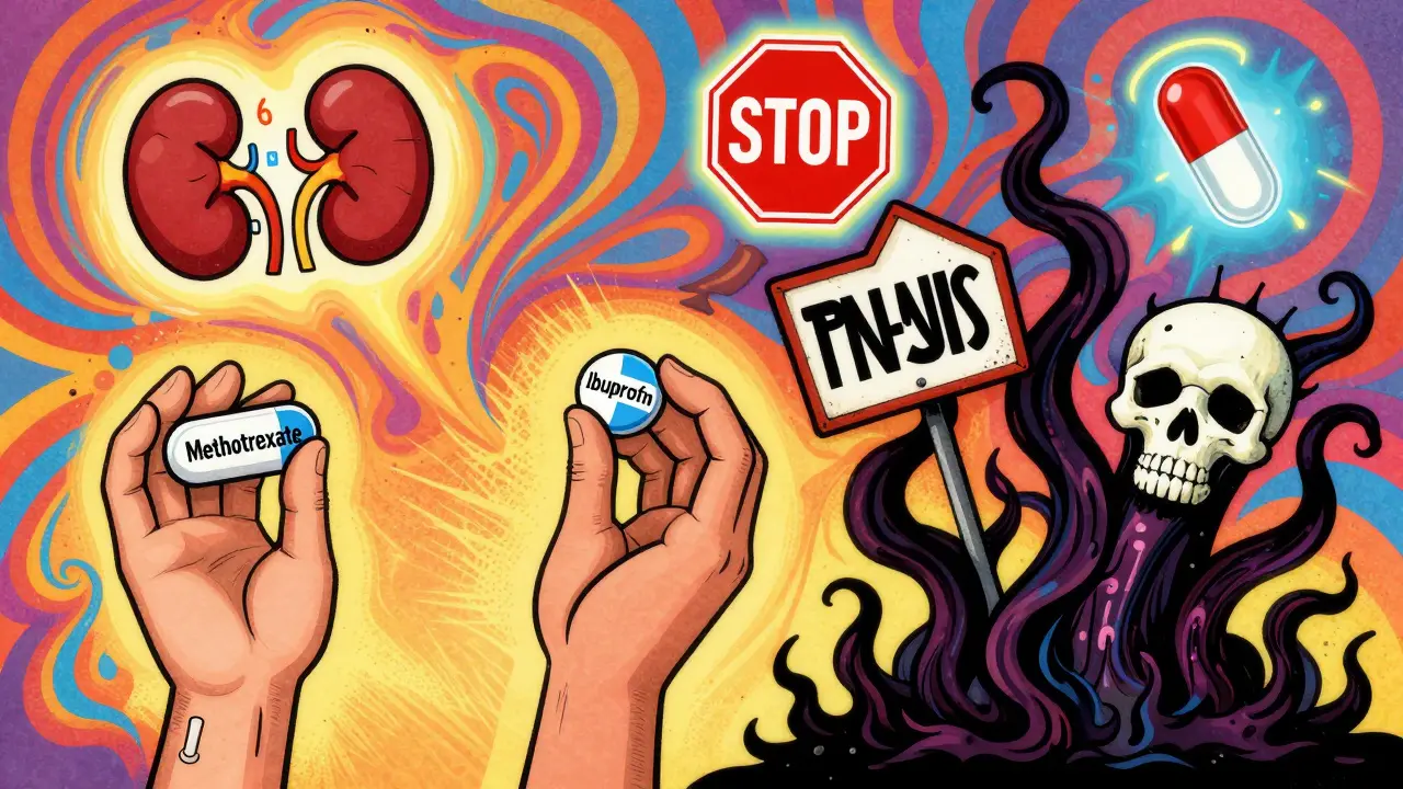 A patient with arthritis pills causing toxic shadows, surrounded by warning icons in vibrant colors