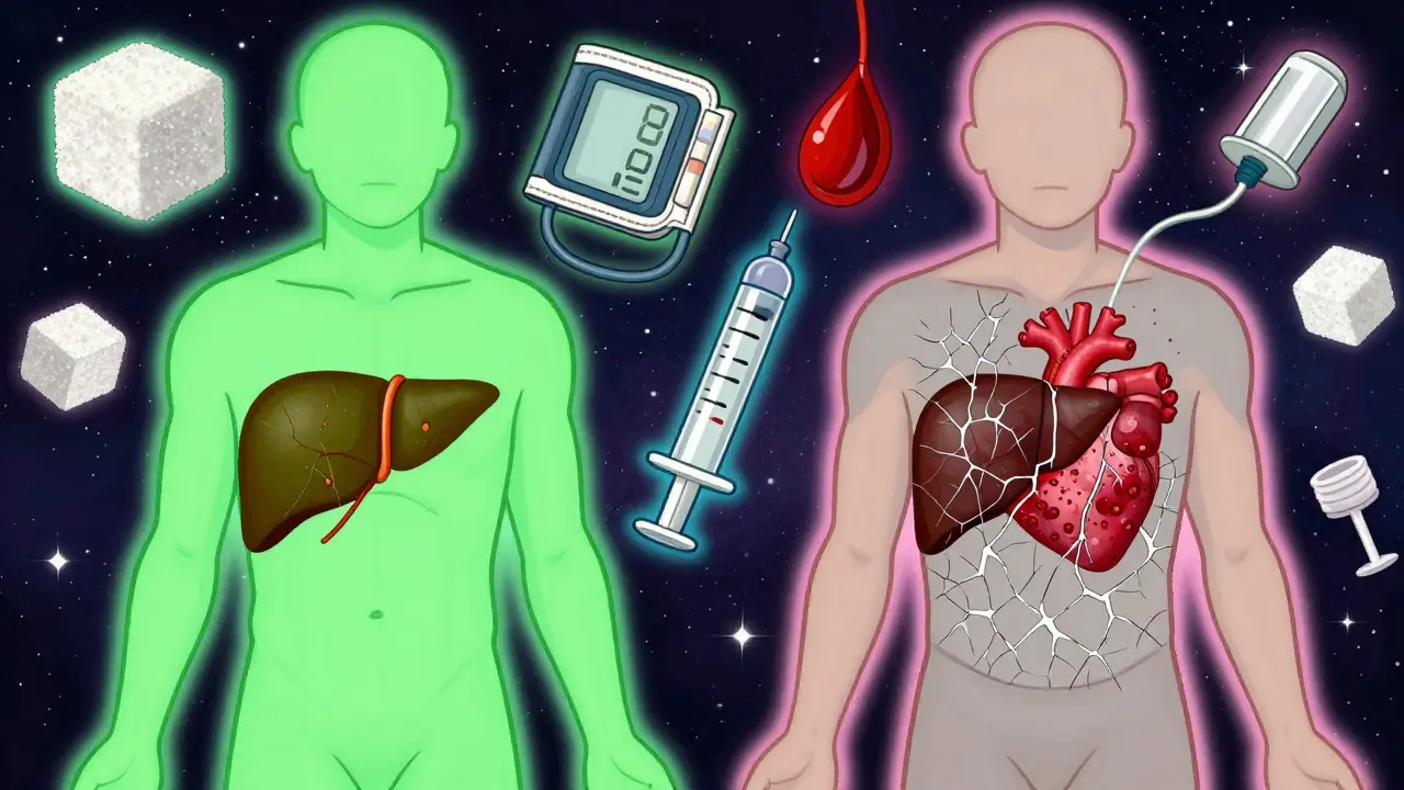 A person split into healthy and diseased states, with a calm liver and heart on one side, and a scarred liver and choked heart on the other, floating sugar and insulin objects.