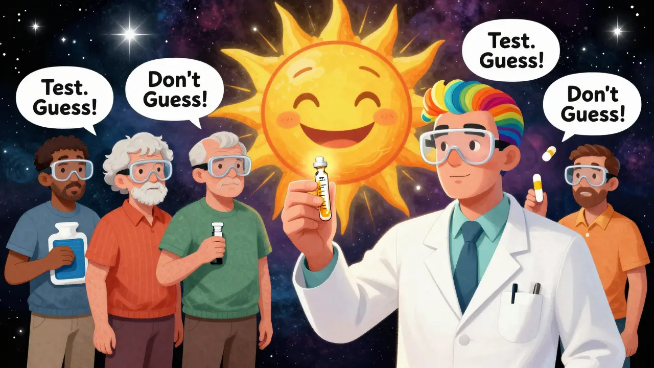 A pharmacist testing blood as patients hold safe pain relief options under a glowing sun