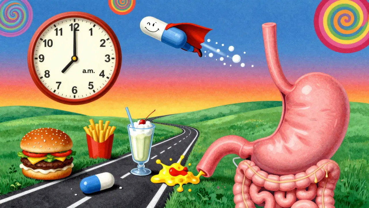 A pill traveling through a stylized stomach and intestine, avoiding food obstacles with a superhero pill leading the way.