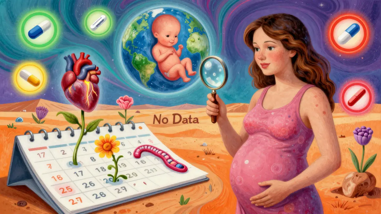 A pregnant woman using a magnifying glass over a calendar showing developing organs, with floating labeled pills and a desert labeled 'No Data'.