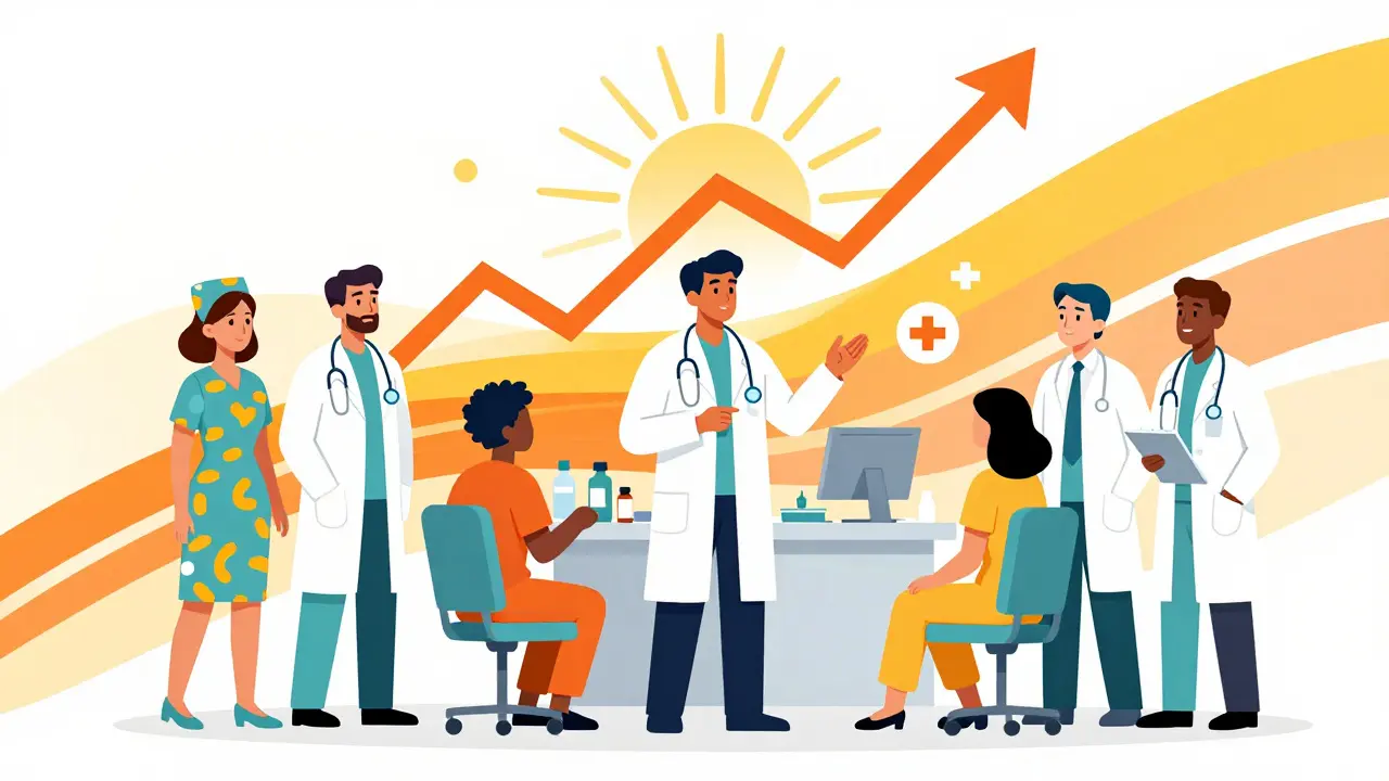 Cancer clinic team collaborating on biosimilar adoption.