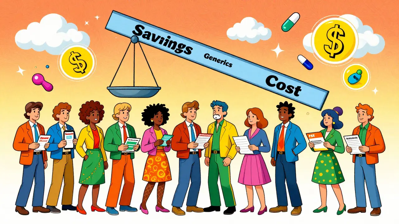 Diverse group at pharmacy holding discount tools, floating scale shows savings vs cost with psychedelic design.