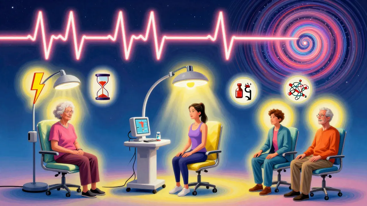 Diverse patients surrounded by floating risk factors as a dangerously stretched ECG line spirals above them.