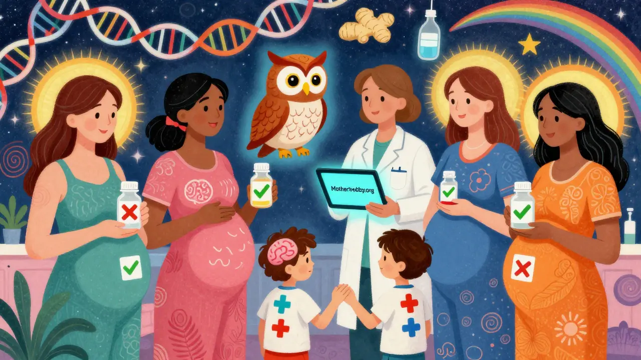 Diverse pregnant women consulting a wise owl and glowing tablet, with natural alternatives and future child symbols in a cosmic room.