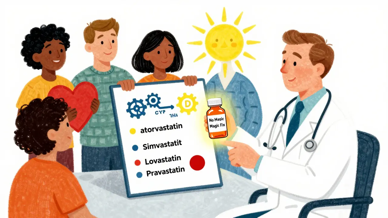 Doctor explaining statin-vitamin D interactions with glowing enzyme symbols, in Peter Max style