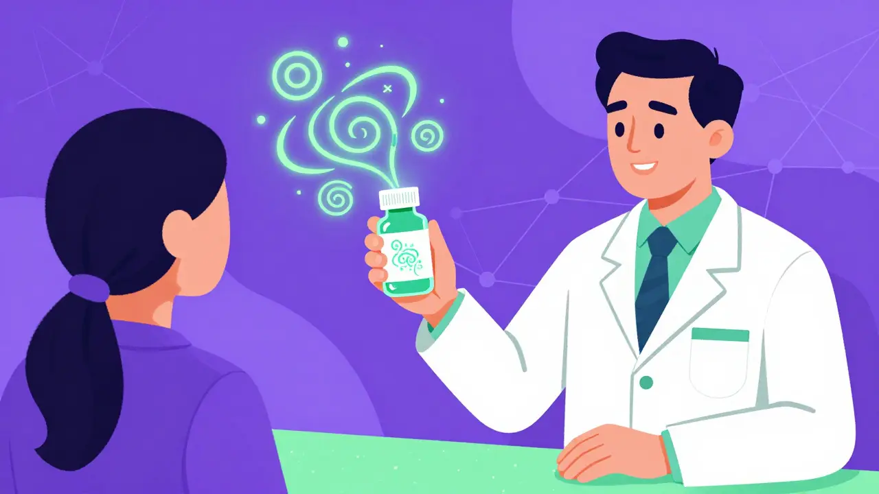 Pharmacist handing traceable pill bottle with glowing patterns to patient.