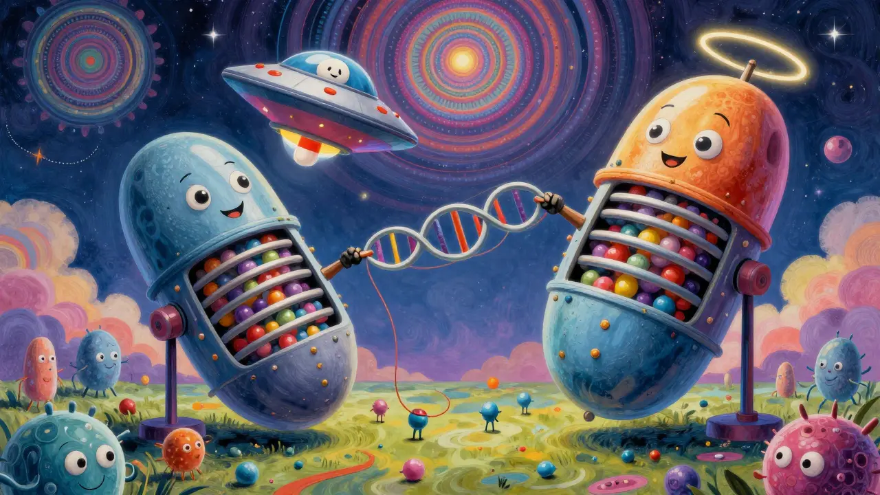 Psychedelic ribosomes being jammed by smiling antibiotic molecules in a cosmic, swirling environment.
