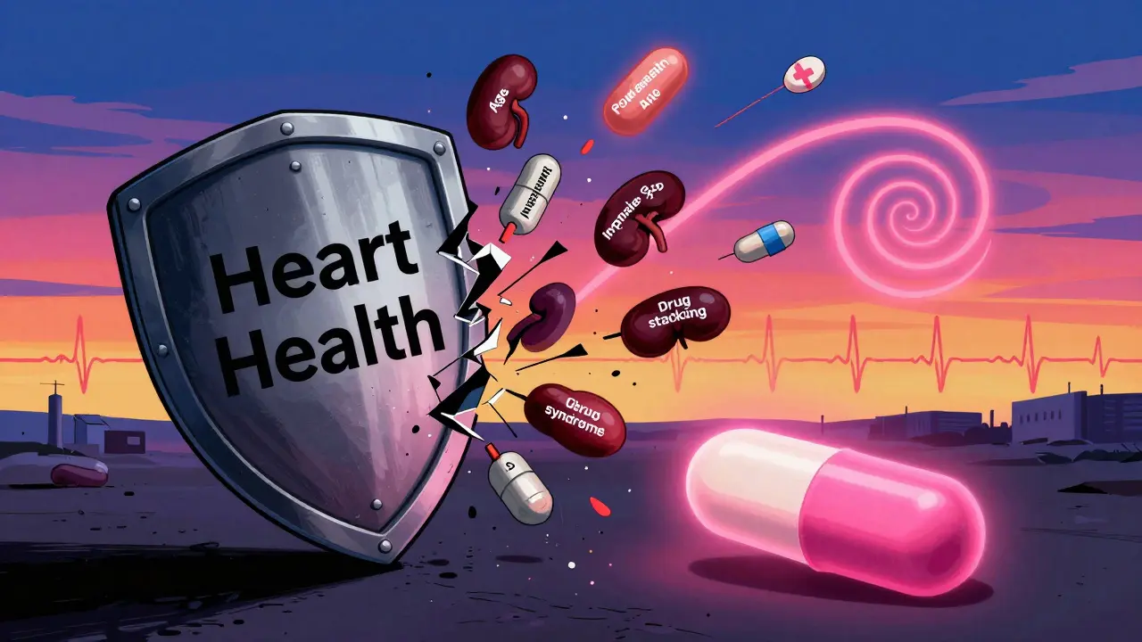 Seven risk factors crash into a heart health shield as a glowing azithromycin pill floats ominously.
