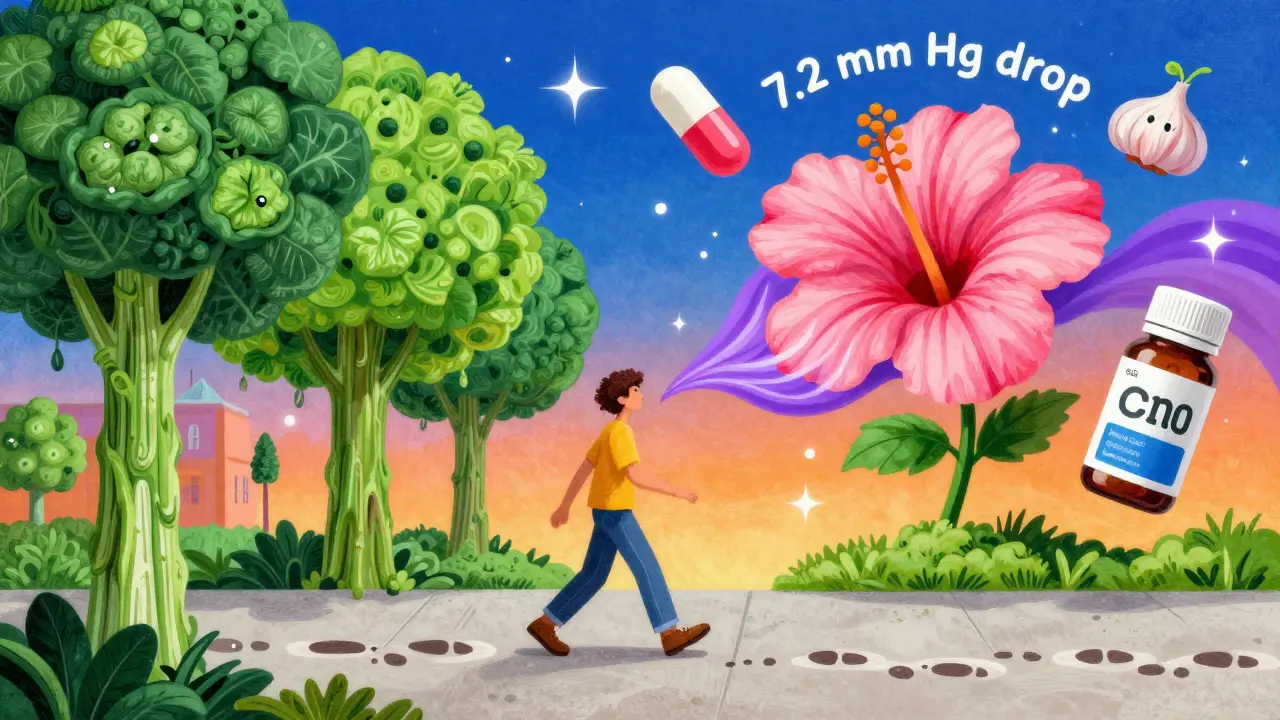Someone walking past vegetable trees and a blooming hibiscus flower, with floating supplements and glowing footprints on the sidewalk.