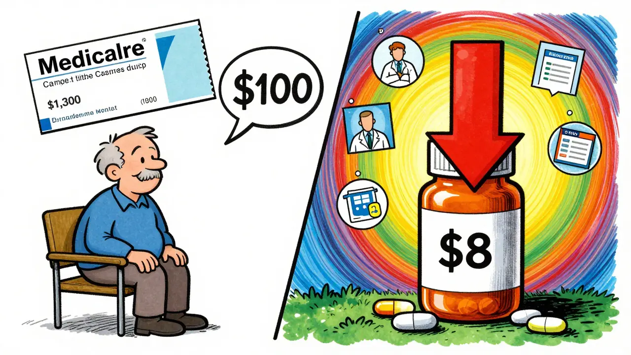 Split scene comparing expensive brand-name drug coupon to cheap generic pill with medical icons.