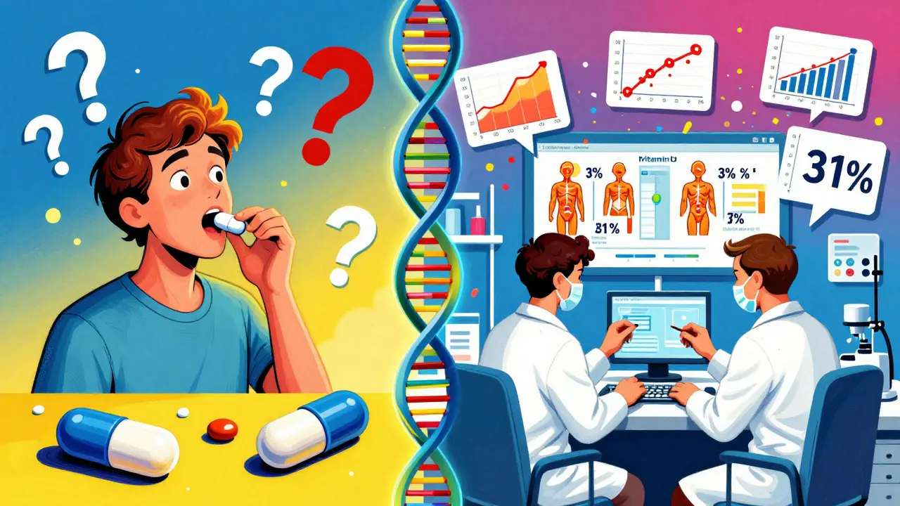 Split scene of vitamin D hope versus clinical trial data, in Peter Max style