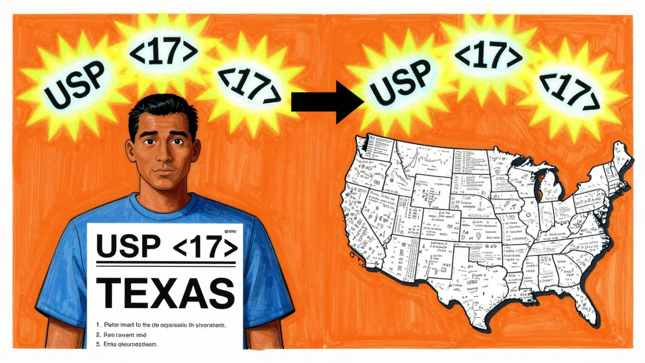 Two patients side by side: one with clear label, one with chaotic label, glowing USP guidelines above them in vibrant colors.