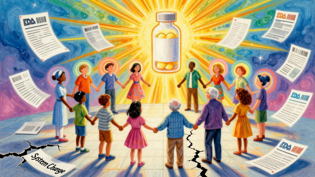 A diverse group holds hands as floating reports and sun-shaped pill bottle radiate hope for safer elderly care.