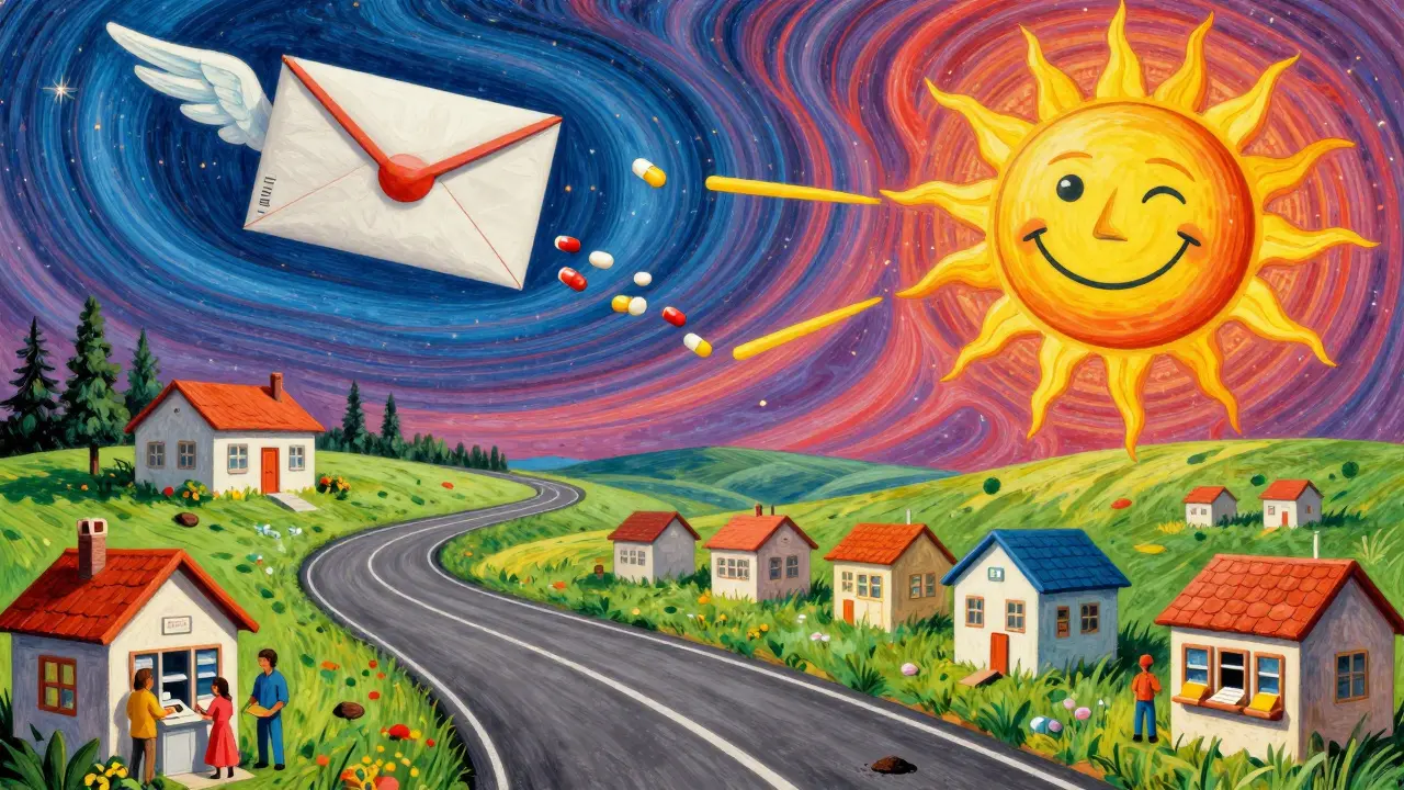 A floating mail-back envelope flying toward a sun-shaped collection site over a rural landscape.