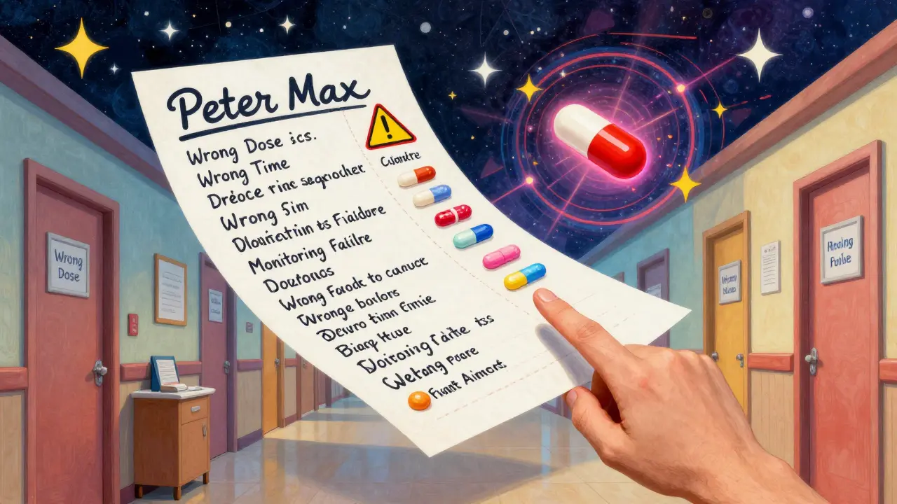 A giant glowing medication list floats in space with warning signs, guiding a hand toward safer care.