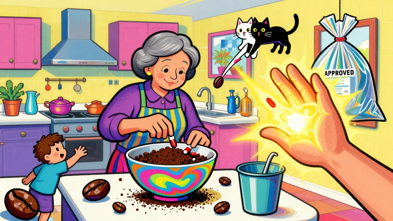 A grandmother mixing pills with coffee grounds in a vibrant kitchen, stopping a child from reaching the trash.