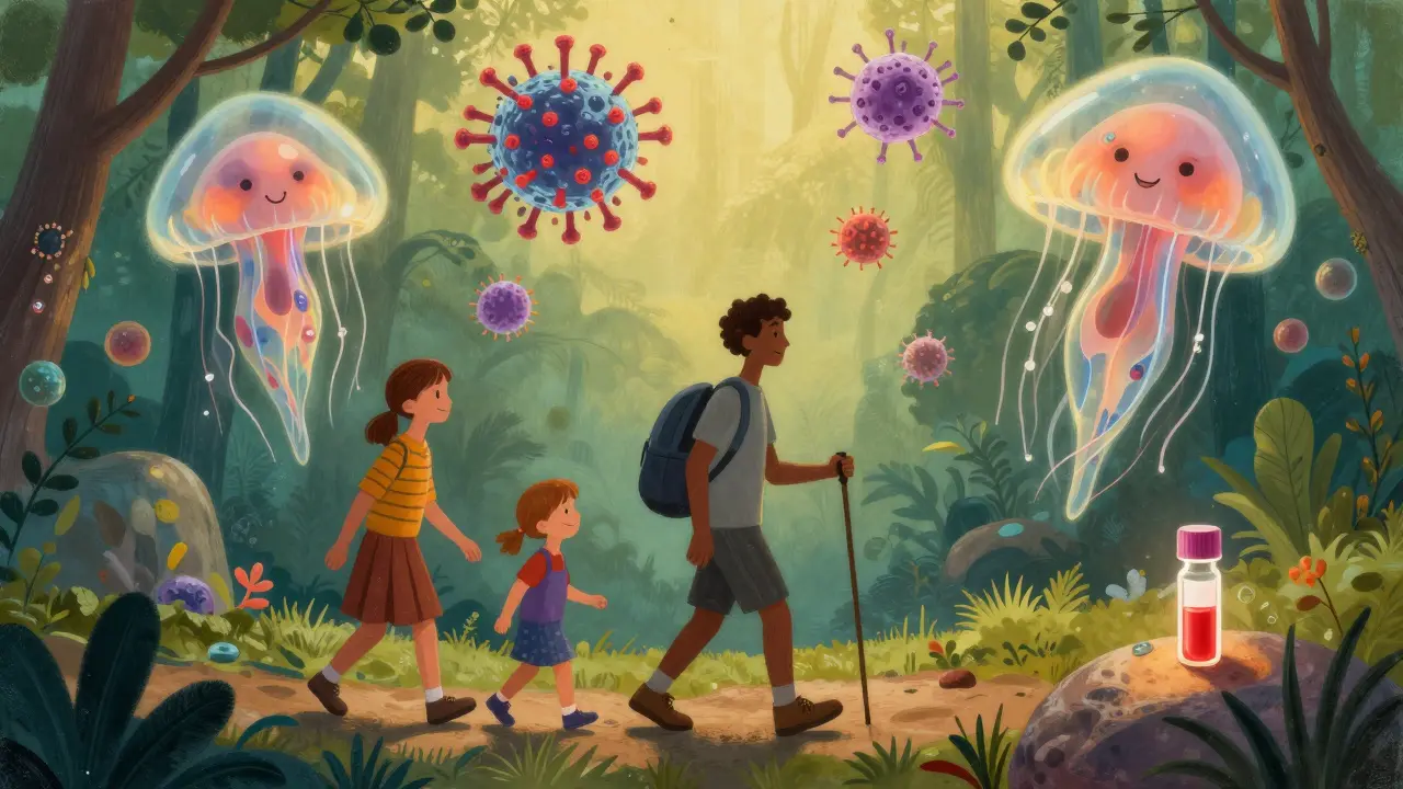 A happy patient hiking surrounded by floating pathogens, with a glowing blood test vial nearby, in Peter Max style.