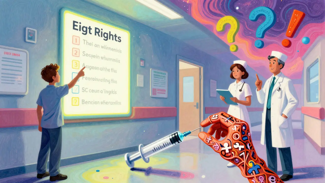 A patient points to a giant Eight Rights checklist in a hospital hallway while a syringe is caught mid-fall.