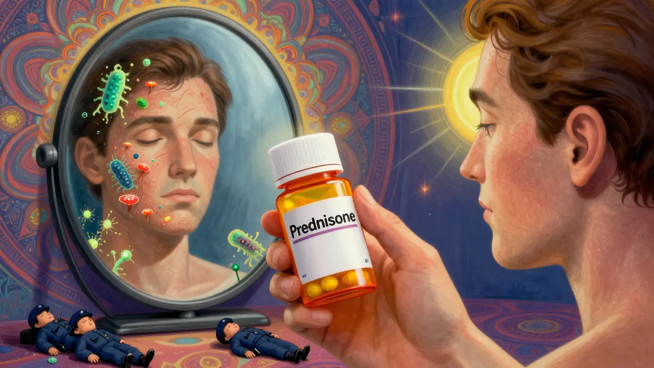 A person taking medication while hidden infections multiply in their reflection, illustrated in vibrant Peter Max style.