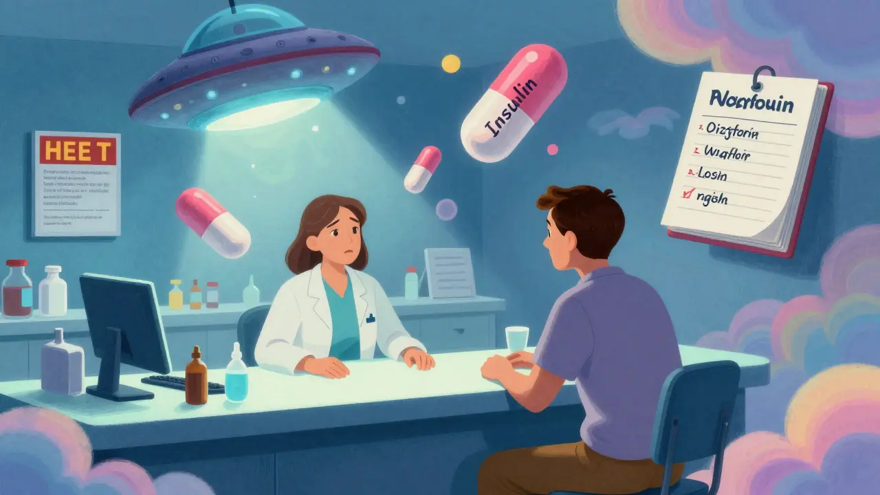 A pharmacist stands at a counter with floating high-alert medication labels and a drifting symptom log.