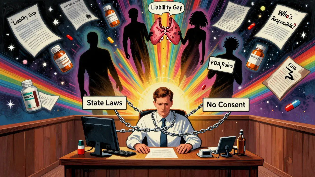 A pharmacist surrounded by legal and medical chaos, with floating pills and questions about liability in a psychedelic courtroom.
