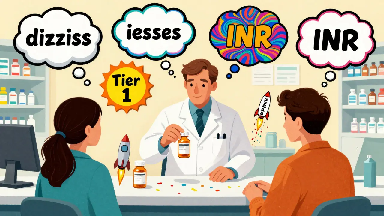 A pharmacist swaps a generic pill while a patient's thought bubbles show side effects, with a 'Tier 1' badge shining above.