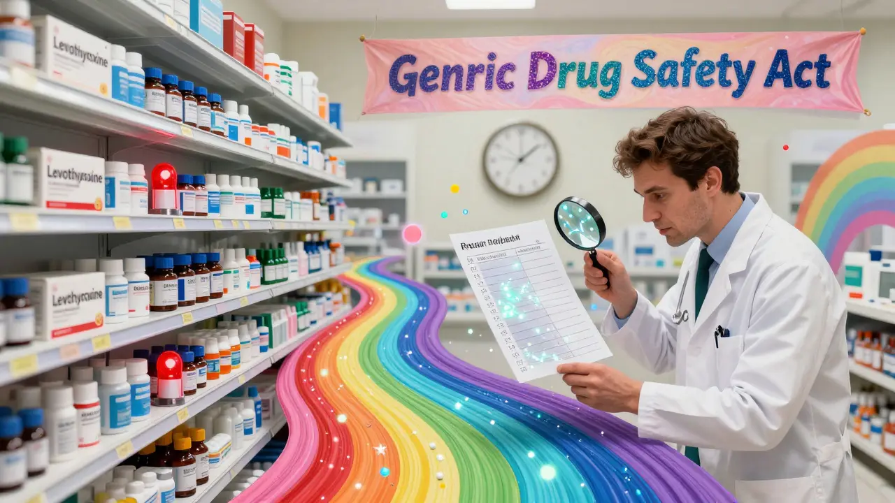 A pharmacy shelf becomes a glowing river of pills, with a pharmacist reviewing a checklist as safety laws loom in the distance.