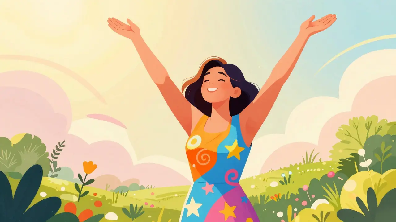 A woman stretching arms upward in a colorful garden setting expressing relief and mobility.