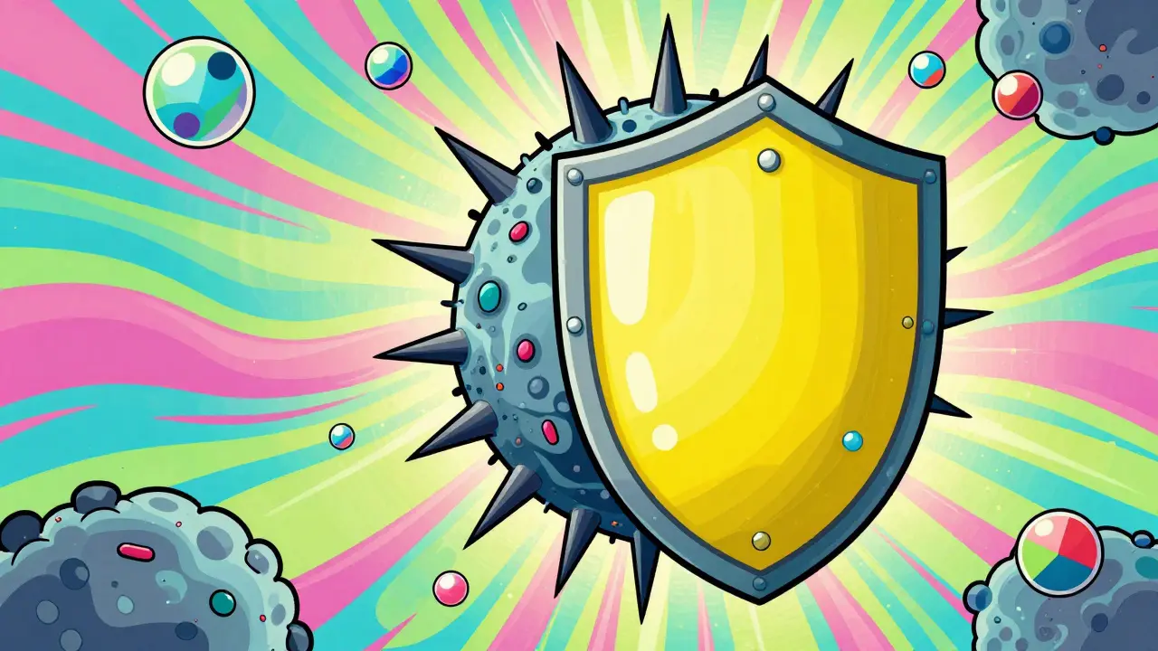 Abstract shield blocking dark spikes with colorful bubbles representing medical protection.