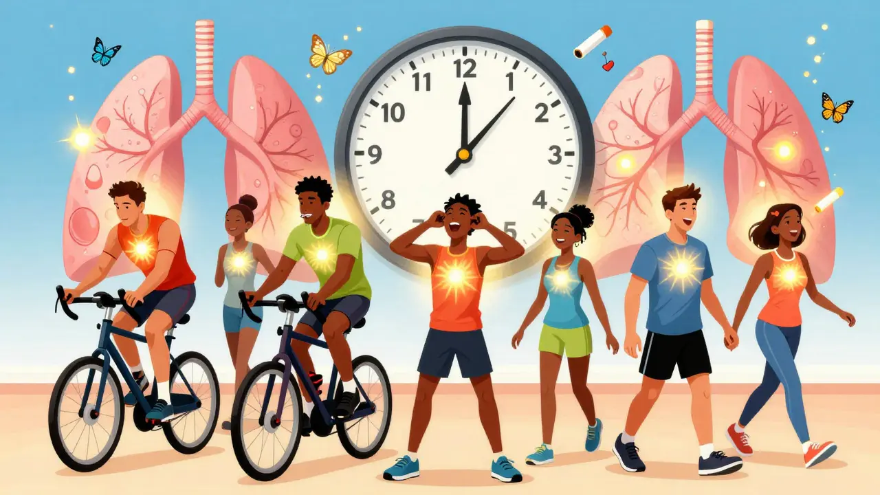 Diverse group exercising in rehab, glowing lungs, cigarette butts turning into butterflies.