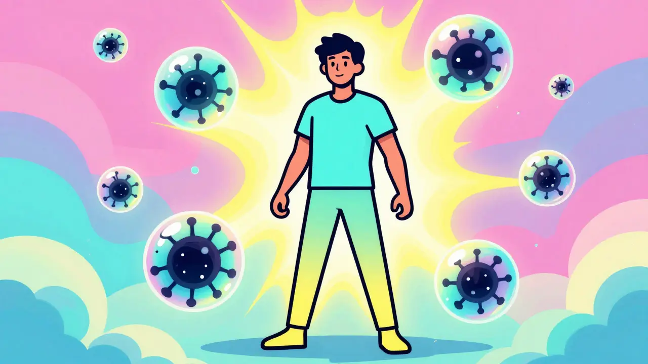 Hopeful illustration of a person protected by medication bubbles against toxicity, showing successful treatment.