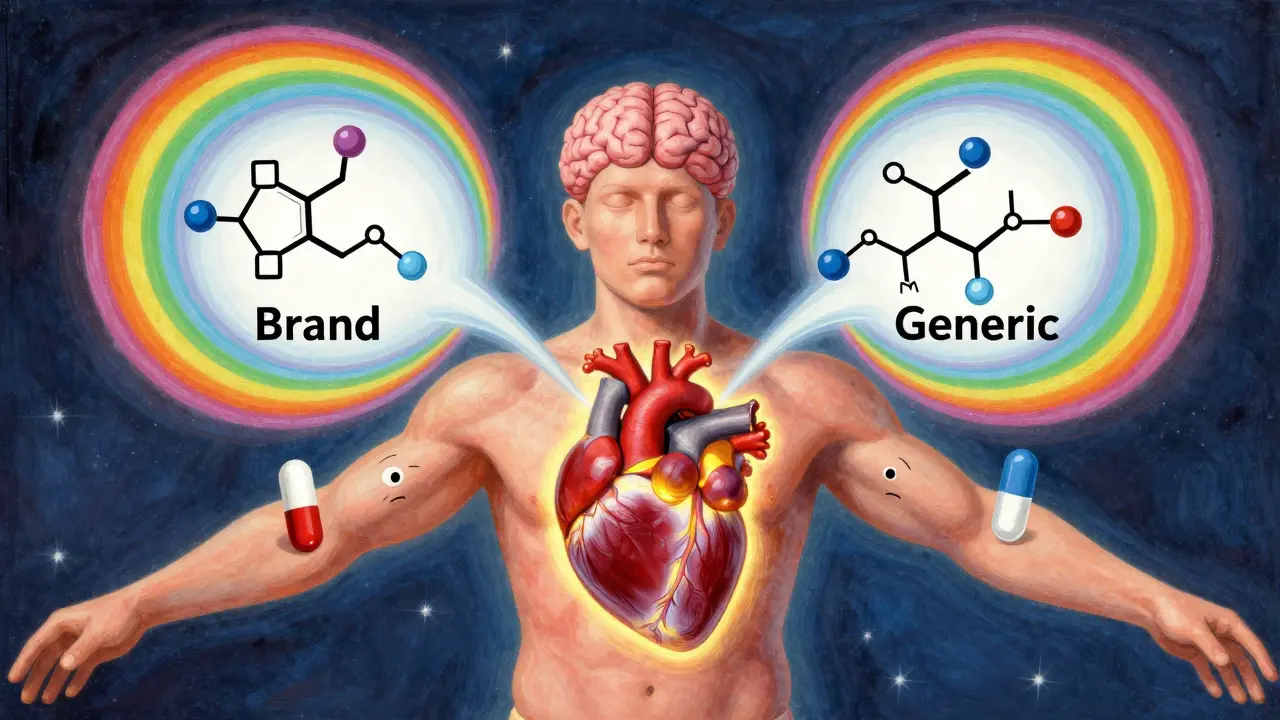 Human body with glowing brand and generic drug molecules floating in balanced harmony
