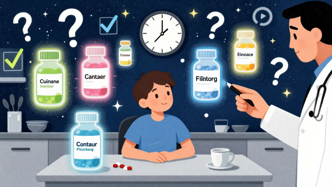 Patient surrounded by floating pill bottles from different manufacturers under a starry sky