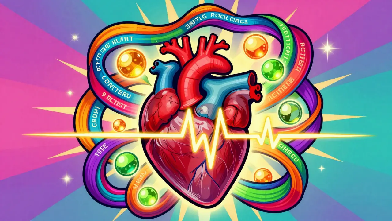 Protective shield surrounding a glowing heart with vitamins