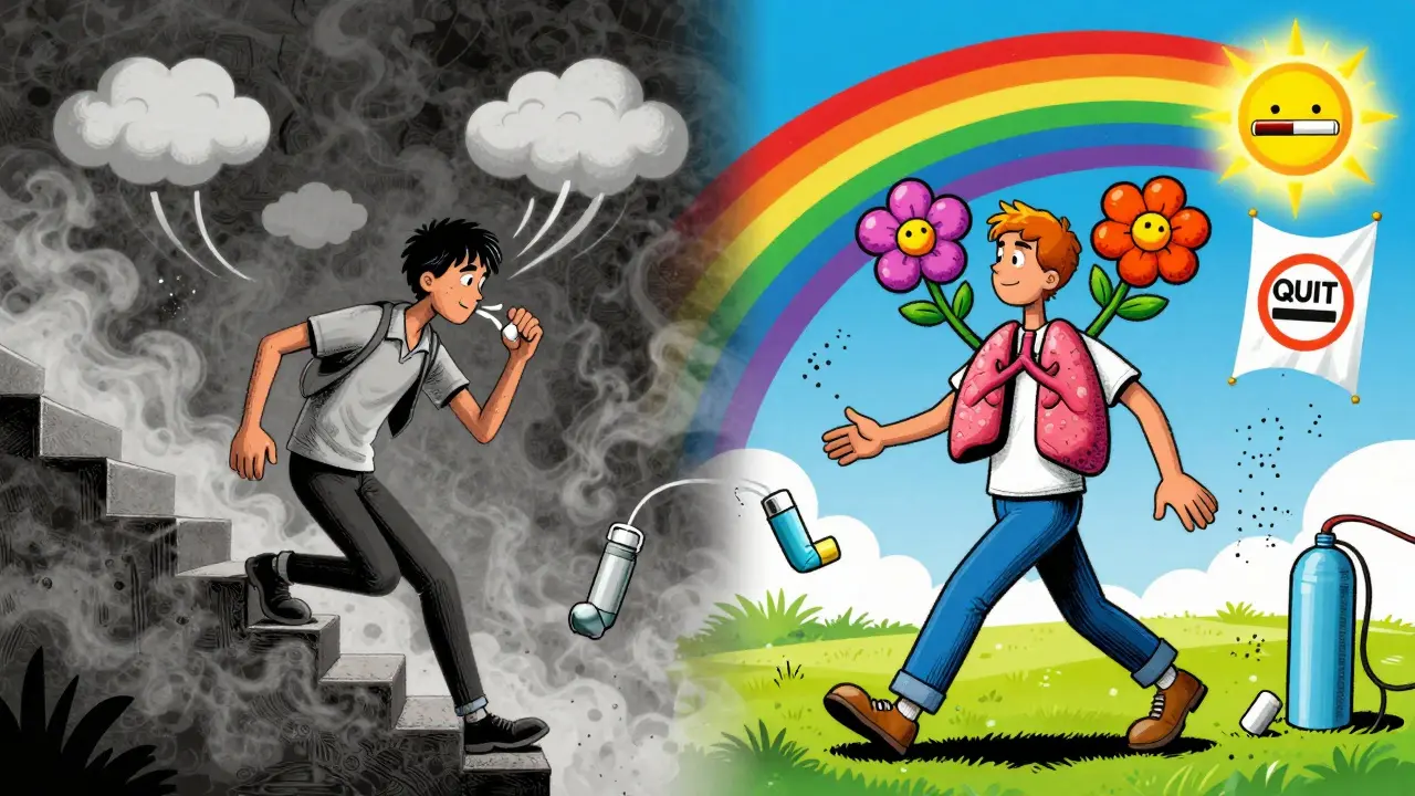 Split scene: one side shows struggling lungs in gray, the other shows healed lungs in color under a rainbow.