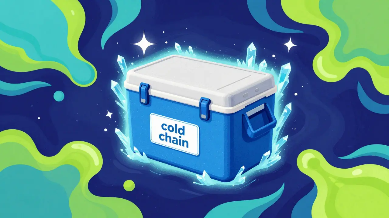 A medical cooling pouch emitting frosty blue sparks against a colorful psychedelic backdrop