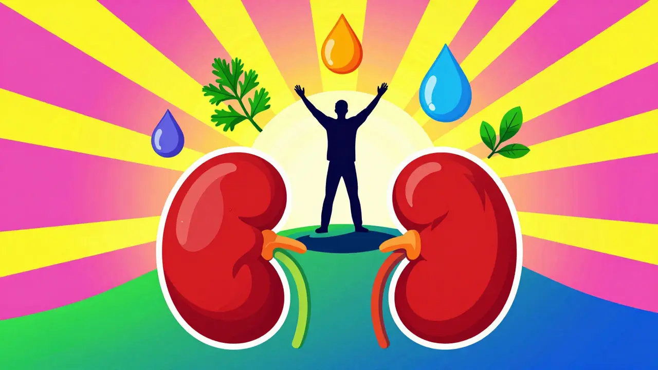 A silhouette standing on a colorful kidney-shaped hill under a vibrant, psychedelic sunrise.