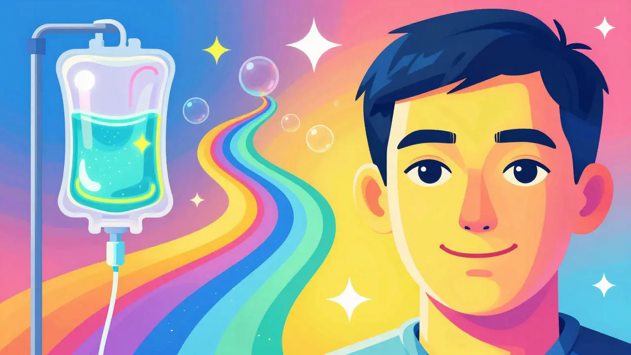 A transition from medical IV treatment to a healthy, smiling face in a rainbow style