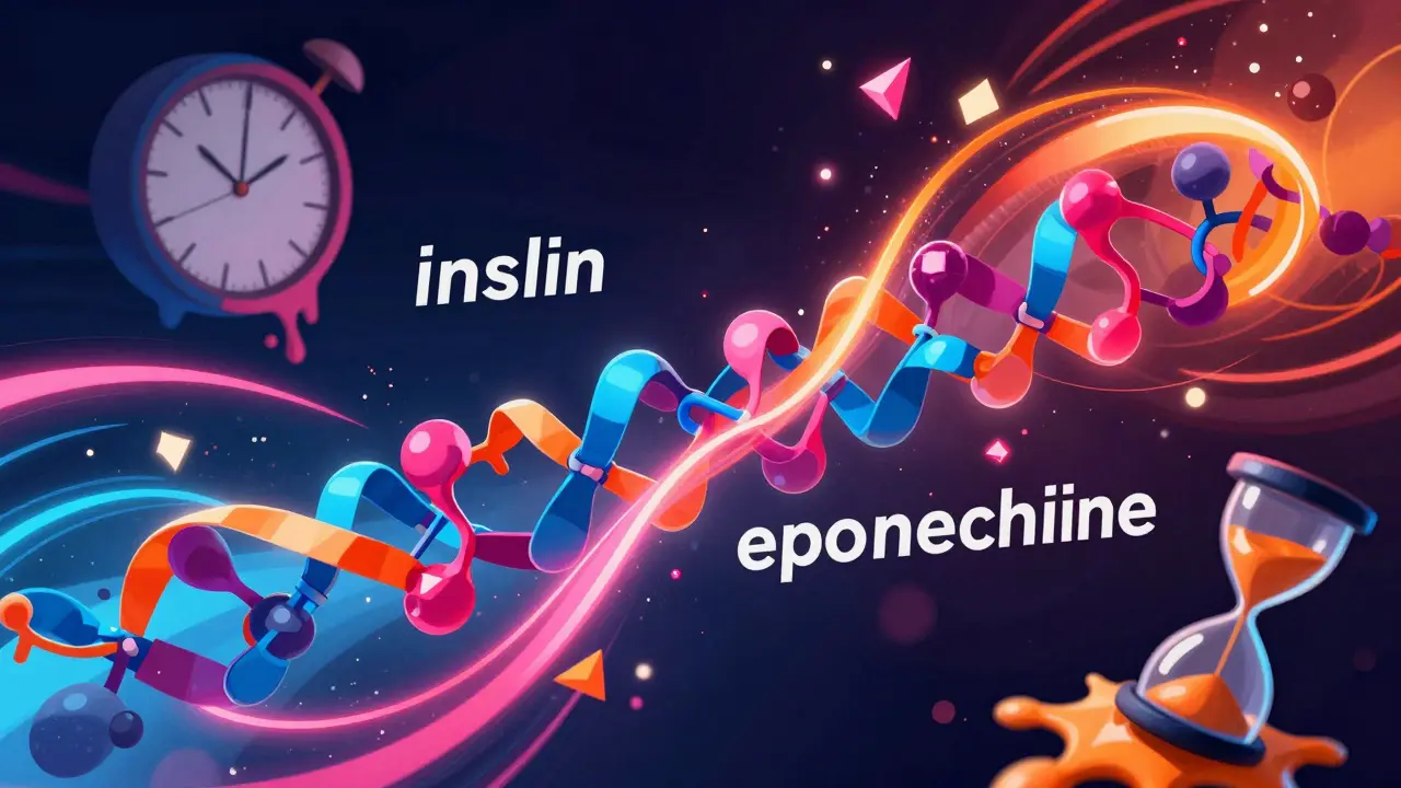 Abstract neon illustration of unravelling protein chains and melting clocks.