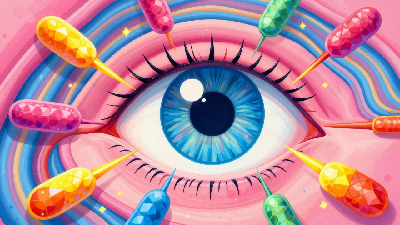 Colorful antibodies interacting with eye tissues in a vibrant, cosmic illustration