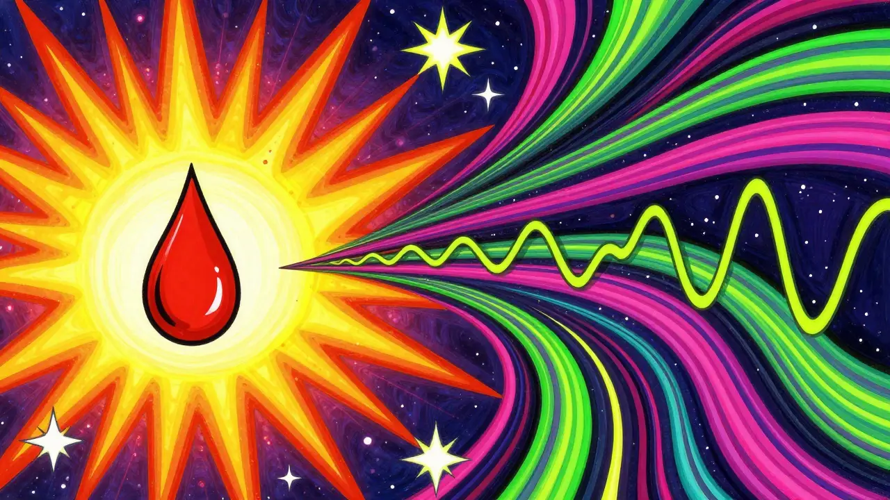 Colorful art contrasting a single blood drop with a flowing neon trend line for glucose monitoring.