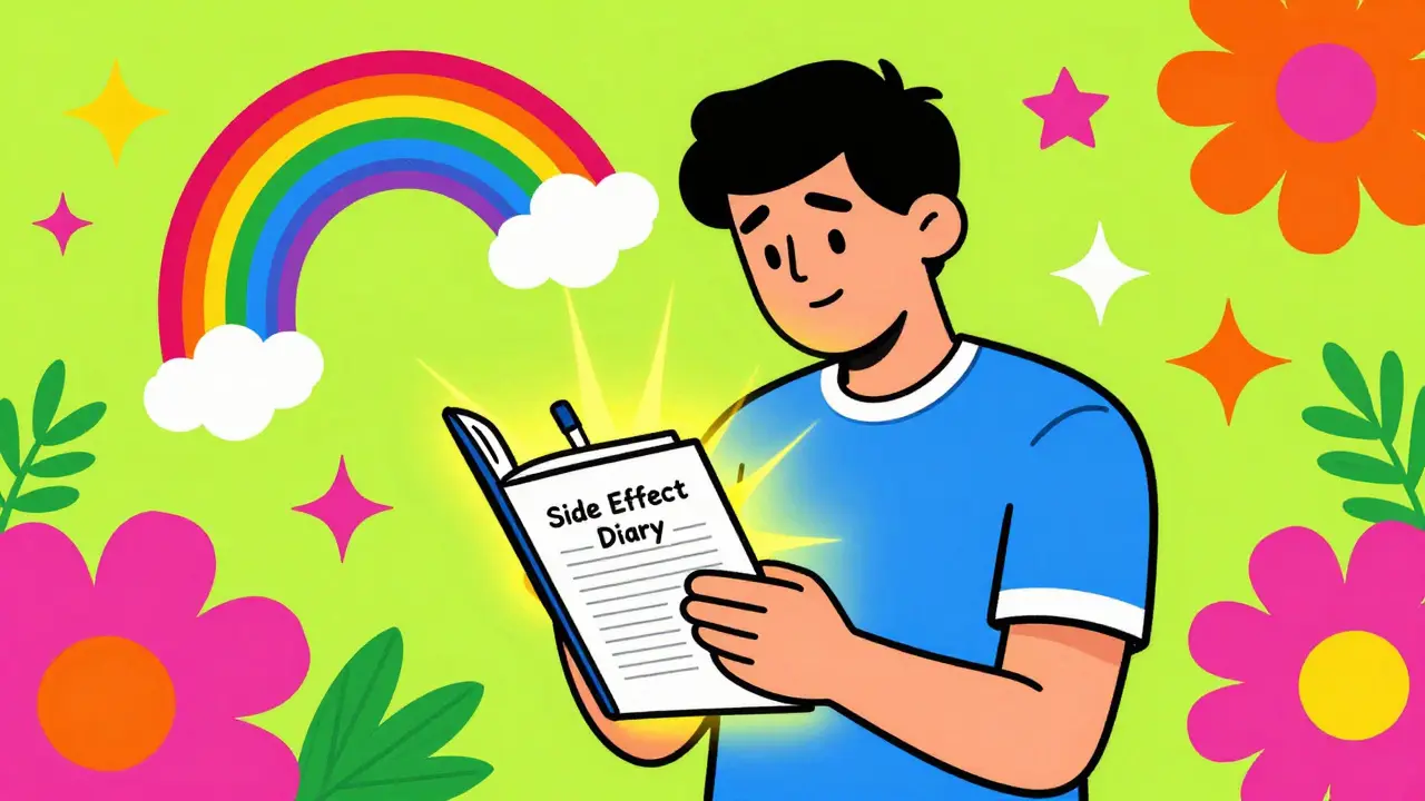 Colorful, cosmic illustration of a person writing in a health diary surrounded by rainbows and stars.