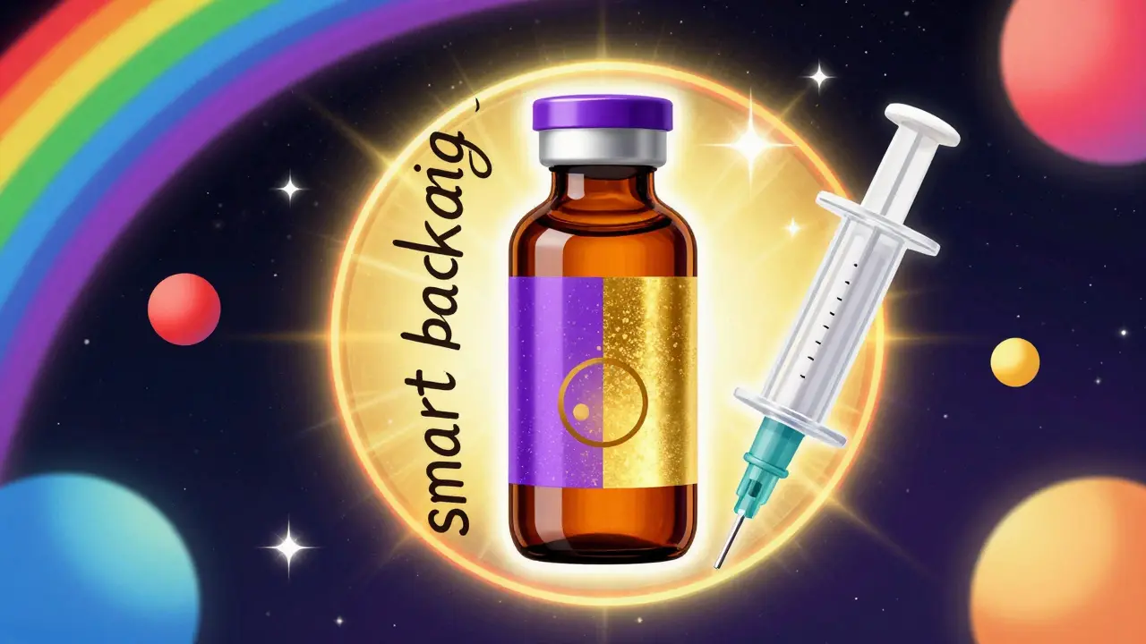 Colorful futuristic medical packaging with glowing indicators in a cosmic setting.